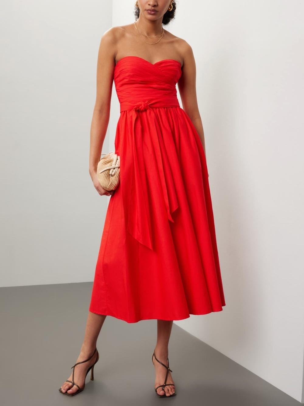 Strapless Orange Red maxi long Midi Dress with Waist Tie